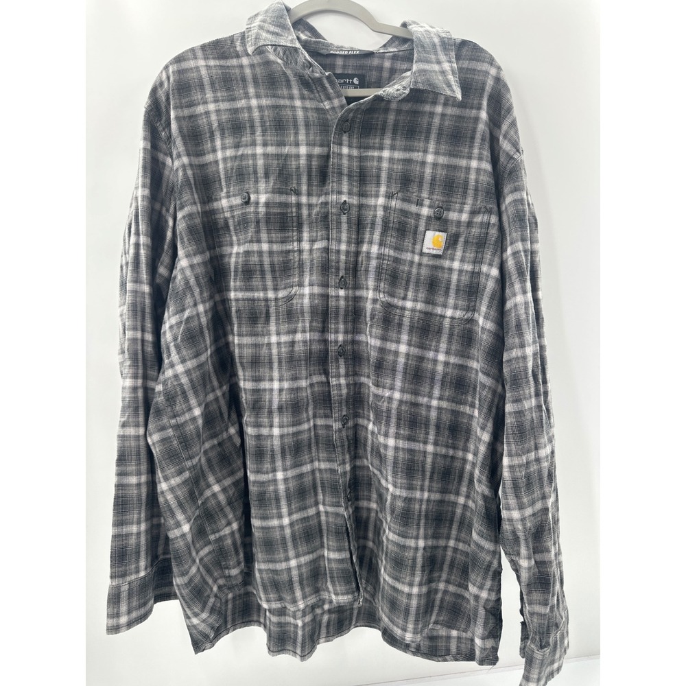 Carhartt Rugged Flex Flannel Shirt Mens 2XL Relaxed Fit Grey Black Plaid Button